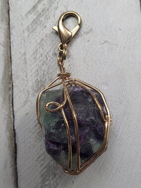 Crystal Bag Charm Keychain Fluorite Wire Wrapped Raw Stone